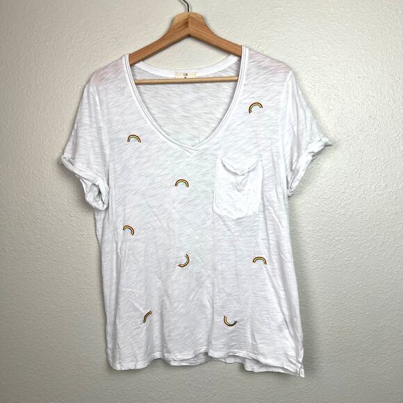 Anthropologie T.La The Lars Classic V-Neck Tee Medium White Rainbow Embroidery - Picture 2 of 7